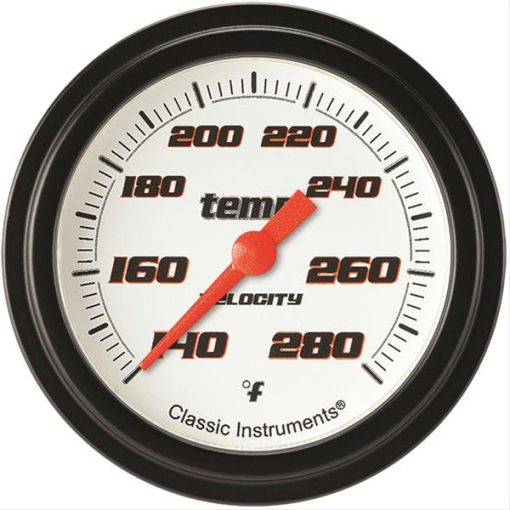 Classic Instruments Velocity 140-280 Degrees F Water Temperature Gauge - Electric - Analog - Full Sweep - 2-5/8 in Diameter - 1/4 in NPT Thread Sender - Black Bezel - Flat Lens - White Face