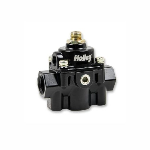 Holley Die-Cast In-Line Fuel Pressure Regulator - Die Cast - 4-1/2 to 9 psi - 3/8 in NPT Inlet - 3/8 in NPT Outlet - 3/8 in Return - 1/8 in NPT Gauge Port - Bypass - Black Anodized - Gas