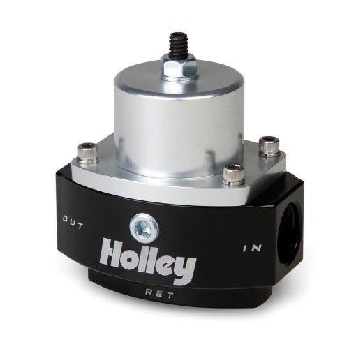 Holley HP Billet 4.5 to 9 psi In-Line Fuel Pressure Regulator - 8 AN Female O-Ring Inlet - 8 AN Female O-Ring Outlet - 6 AN Female O-Ring Return - 1/8 in NPT Port - Bypass - Black / Clear Anodized - Diesel / E85 / Gas