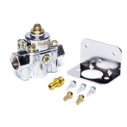 Holley Die-Cast In-Line Fuel Pressure Regulator - Die Cast - 4-1/2 to 9 psi - 3/8 in NPT Inlet - 3/8 in NPT Outlet - 3/8 in Return - 1/8 in NPT Gauge Port - Bypass - Chrome - Gas