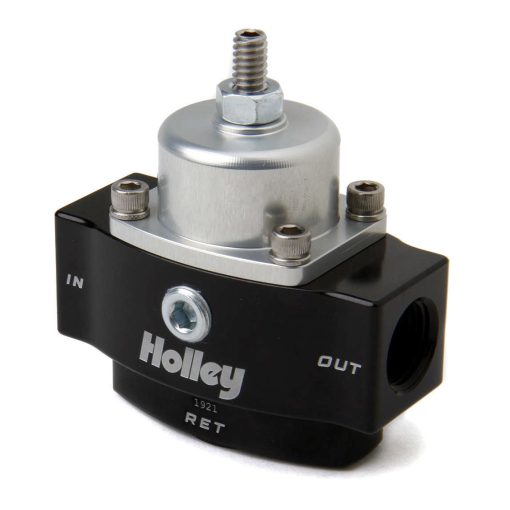 Holley HP Billet 4.5 to 9 psi In-Line Fuel Pressure Regulator - 3/8 in NPT Inlet - 3/8 in NPT Outlet - 1/8 in NPT Port - Bypass / Black Anodized - Diesel / E85 / Gas 12-842