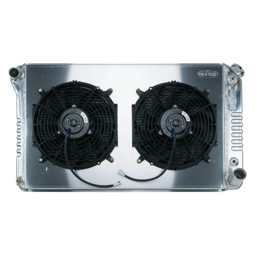 Cold-Case Aluminum Radiator and Fan Kit - 34 in W x 18.6 in H x 3 in D - Driver Side Inlet - Passenger Side Outlet - Polished - Automatic - GM Fullsize Truck 1967-76