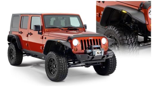 Bushwacker Flat Style Front / Rear Fender Flare - 9.5 in Wide Front - 4.75 in Wide Rear - Black - 4-Door - Jeep Wrangler JK 2007-14