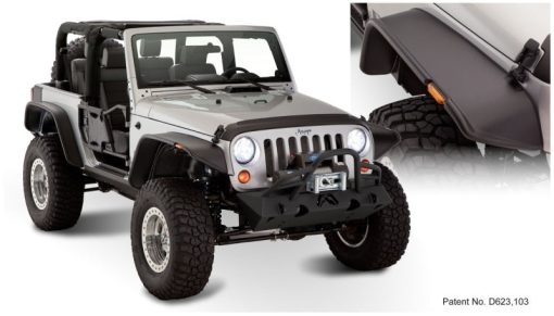 Bushwacker Flat Style Front / Rear Fender Flare - 9.5 in Wide Front - 4.75 in Wide Rear - Black - Jeep Wrangler JK 2007-14