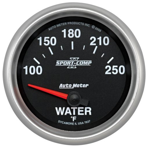 Auto Meter Sport-Comp II Water Temperature Gauge - 100-250 Degree F - Mechanical - Analog - Full Sweep - 2-5/8" Diameter - Black Face