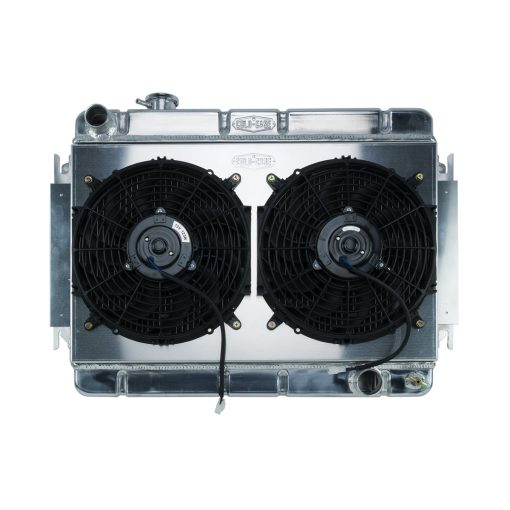 Cold-Case Aluminum Radiator and Fan - 27.75" W x 20.5" H x 3" H x 3" D - Driver Side Inlet - Passenger Side Outlet - Polished - Automatic - GM A-Body 1966-67